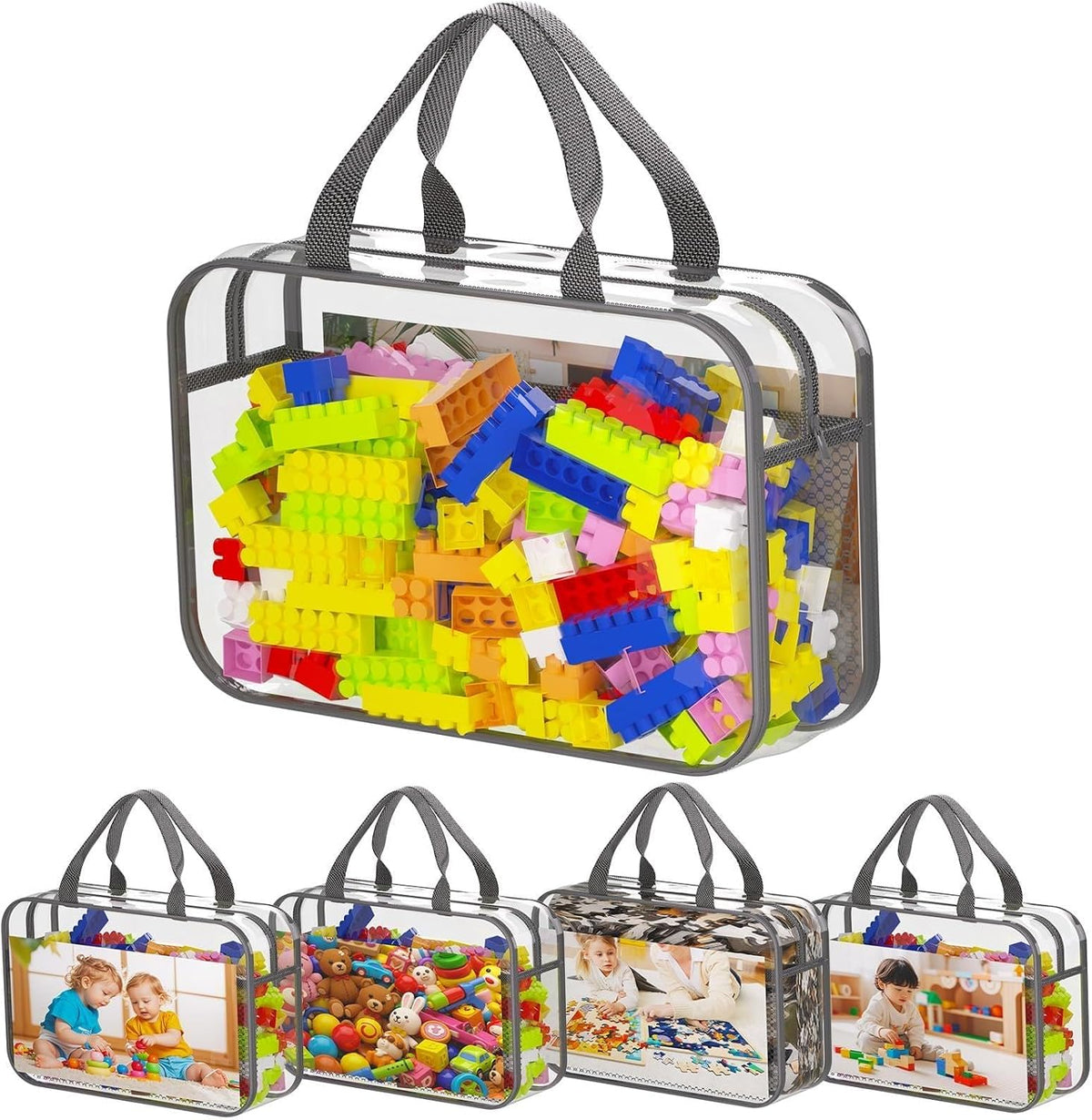 Toy Zippered Blocks Set Storage Bags for boy girls - 4PC Large PVC Storage Organizer Bags with Mesh Side Pockets for Puzzle, Clay, Book, Small Models and Mini Plush Toys. XL: 10.4" x3 "x13.3