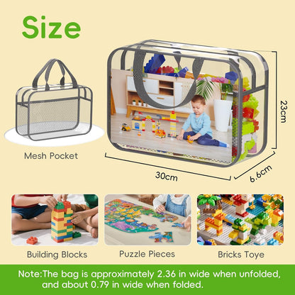 Toy Zippered Blocks Set Storage Bags for boy girls - 4PC Large PVC Storage Organizer Bags with Mesh Side Pockets for Puzzle, Clay, Book, Small Models and Mini Plush Toys. XL: 10.4" x3 "x13.3