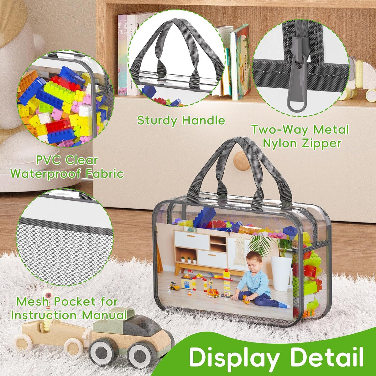 Toy Zippered Blocks Set Storage Bags for boy girls - 4PC Large PVC Storage Organizer Bags with Mesh Side Pockets for Puzzle, Clay, Book, Small Models and Mini Plush Toys. XL: 10.4" x3 "x13.3