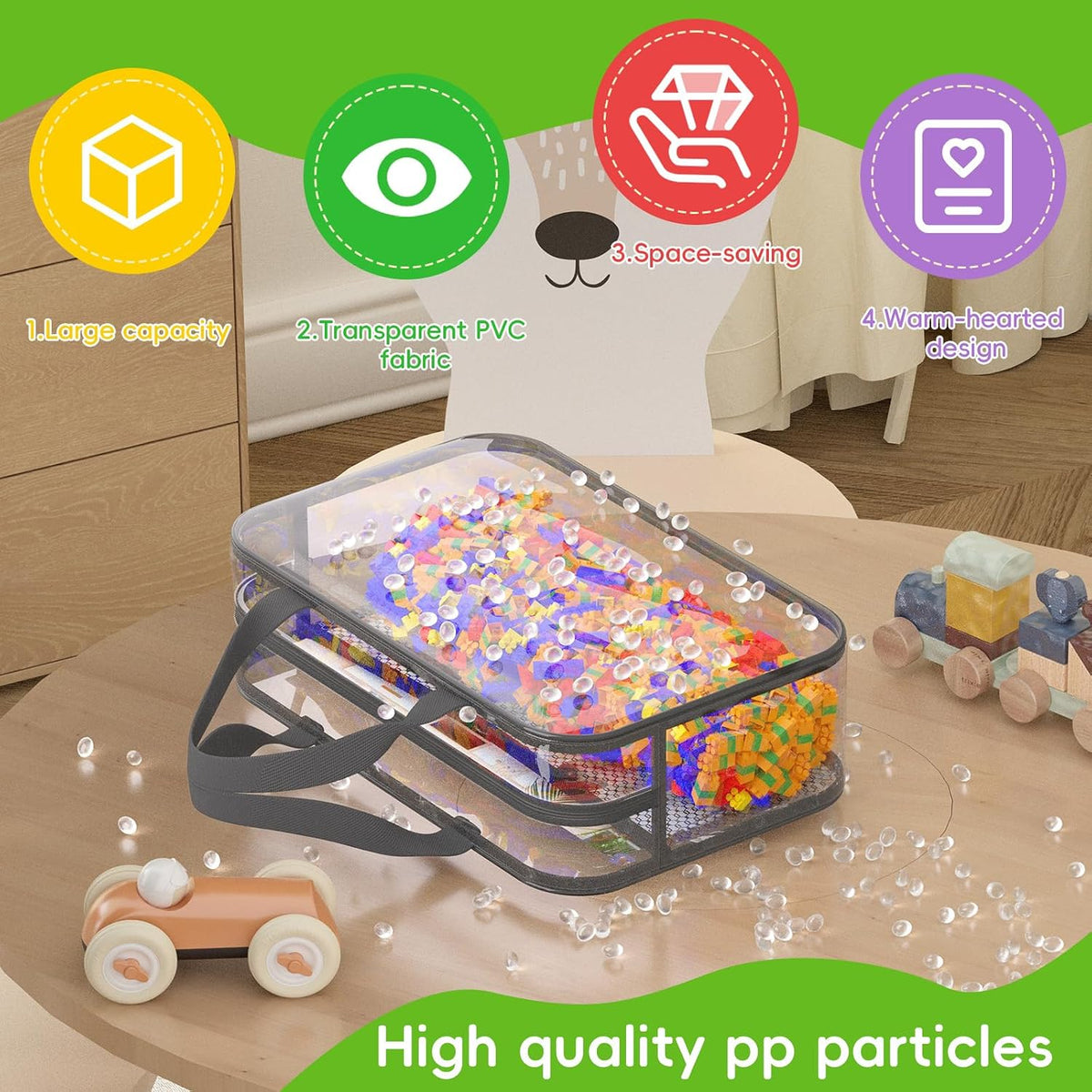 Toy Zippered Blocks Set Storage Bags for boy girls - 4PC Large PVC Storage Organizer Bags with Mesh Side Pockets for Puzzle, Clay, Book, Small Models and Mini Plush Toys. XL: 10.4" x3 "x13.3