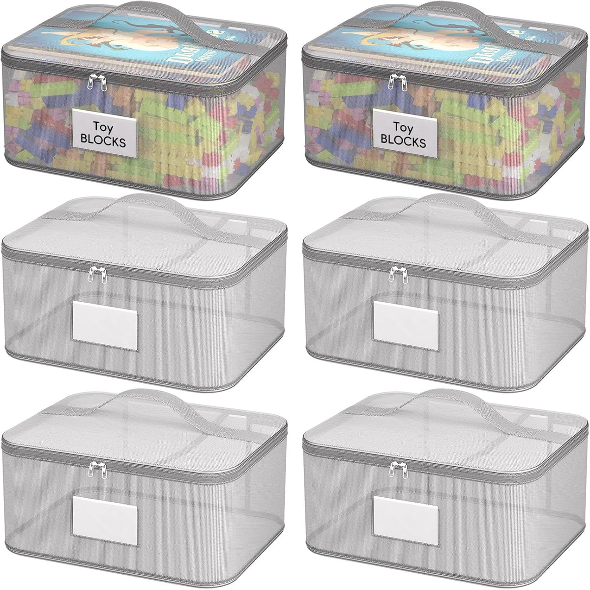 Toy Zippered Blocks Set Storage Bags for boy girls - 4PC Large PVC Storage Organizer Bags with Mesh Side Pockets for Puzzle, Clay, Book, Small Models and Mini Plush Toys. XL: 10.4" x3 "x13.3