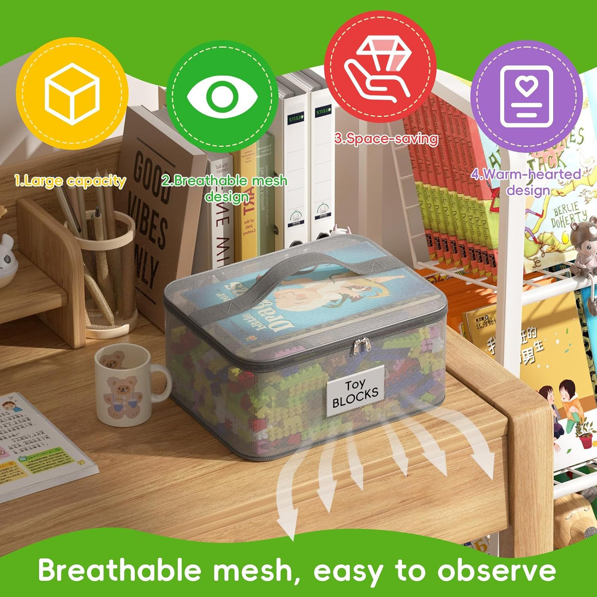 Toy Zippered Blocks Set Storage Bags for boy girls - 4PC Large PVC Storage Organizer Bags with Mesh Side Pockets for Puzzle, Clay, Book, Small Models and Mini Plush Toys. XL: 10.4" x3 "x13.3