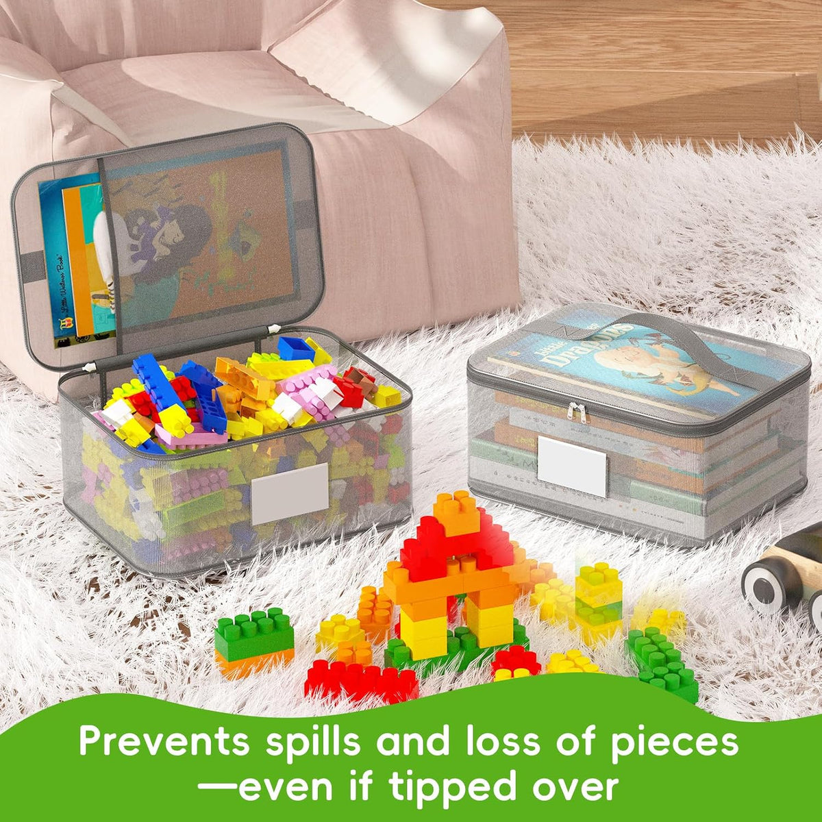 Toy Zippered Blocks Set Storage Bags for boy girls - 4PC Large PVC Storage Organizer Bags with Mesh Side Pockets for Puzzle, Clay, Book, Small Models and Mini Plush Toys. XL: 10.4" x3 "x13.3