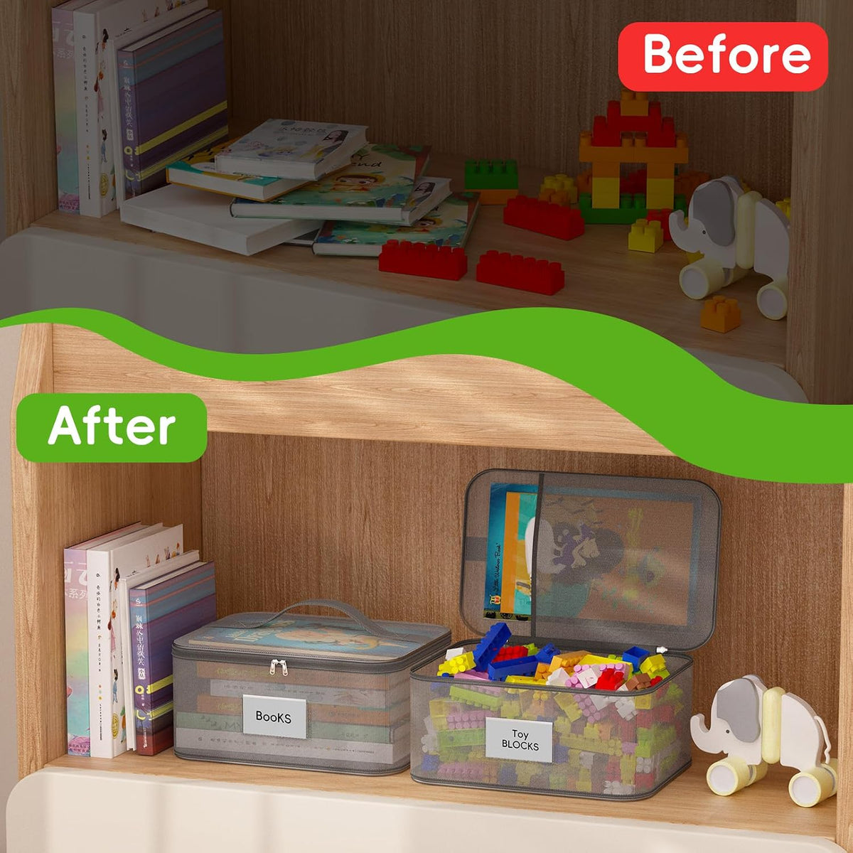 Toy Zippered Blocks Set Storage Bags for boy girls - 4PC Large PVC Storage Organizer Bags with Mesh Side Pockets for Puzzle, Clay, Book, Small Models and Mini Plush Toys. XL: 10.4" x3 "x13.3
