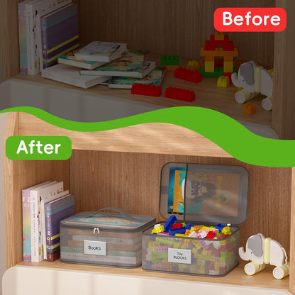 Toy Zippered Blocks Set Storage Bags for boy girls - 4PC Large PVC Storage Organizer Bags with Mesh Side Pockets for Puzzle, Clay, Book, Small Models and Mini Plush Toys. XL: 10.4" x3 "x13.3