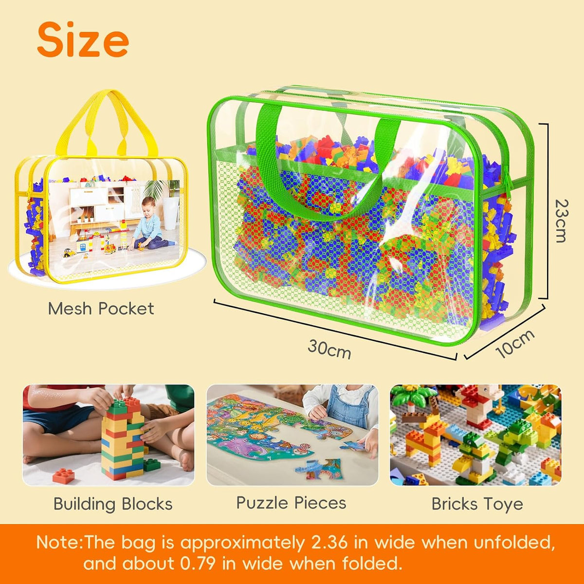Toy Zippered Blocks Set Storage Bags for boy girls - 4PC Large PVC Storage Organizer Bags with Mesh Side Pockets for Puzzle, Clay, Book, Small Models and Mini Plush Toys. XL: 10.4" x3 "x13.3