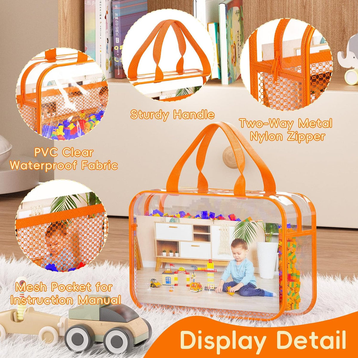 Toy Zippered Blocks Set Storage Bags for boy girls - 4PC Large PVC Storage Organizer Bags with Mesh Side Pockets for Puzzle, Clay, Book, Small Models and Mini Plush Toys. XL: 10.4" x3 "x13.3