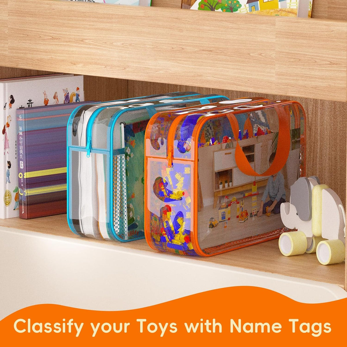 Toy Zippered Blocks Set Storage Bags for boy girls - 4PC Large PVC Storage Organizer Bags with Mesh Side Pockets for Puzzle, Clay, Book, Small Models and Mini Plush Toys. XL: 10.4" x3 "x13.3