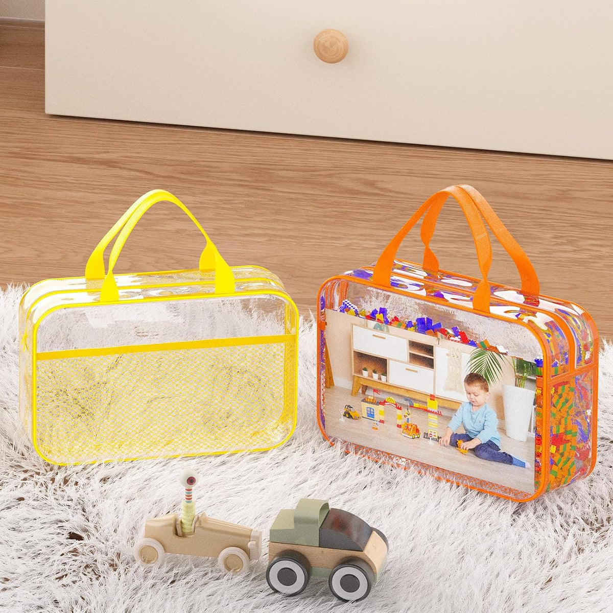 Toy Zippered Blocks Set Storage Bags for boy girls - 4PC Large PVC Storage Organizer Bags with Mesh Side Pockets for Puzzle, Clay, Book, Small Models and Mini Plush Toys. XL: 10.4" x3 "x13.3