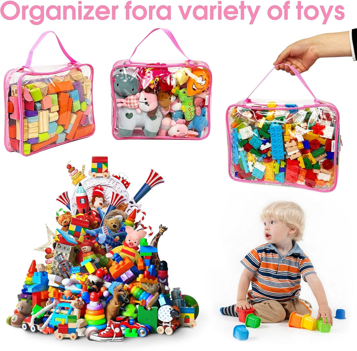 Toy Zippered Blocks Set Storage Bags for boy girls - 4PC Large PVC Storage Organizer Bags with Mesh Side Pockets for Puzzle, Clay, Book, Small Models and Mini Plush Toys. XL: 10.4" x3 "x13.3