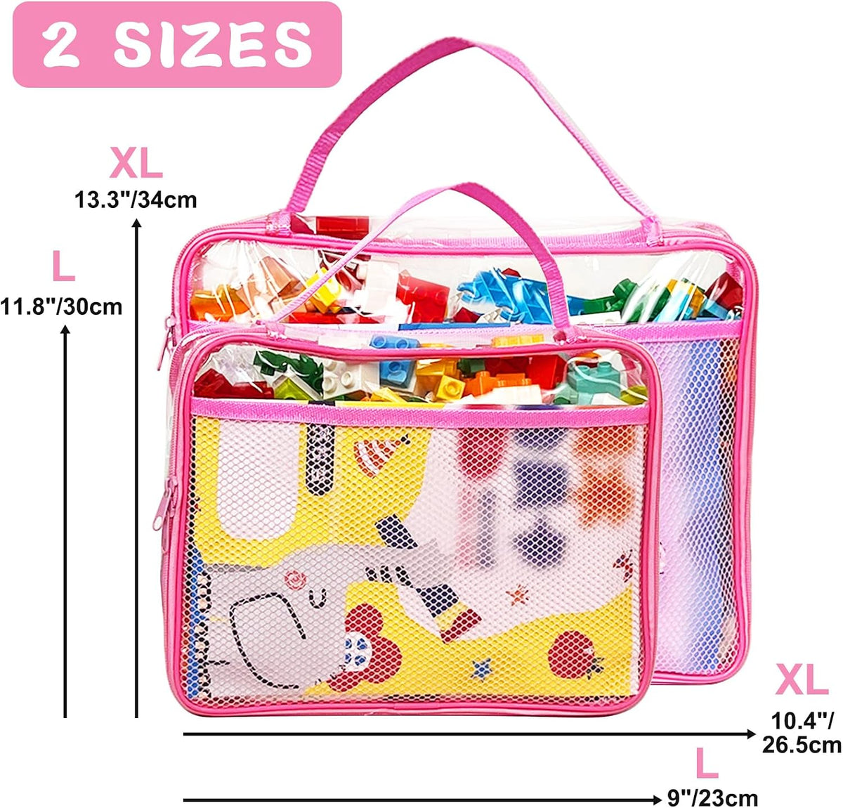 Toy Zippered Blocks Set Storage Bags for boy girls - 4PC Large PVC Storage Organizer Bags with Mesh Side Pockets for Puzzle, Clay, Book, Small Models and Mini Plush Toys. XL: 10.4" x3 "x13.3
