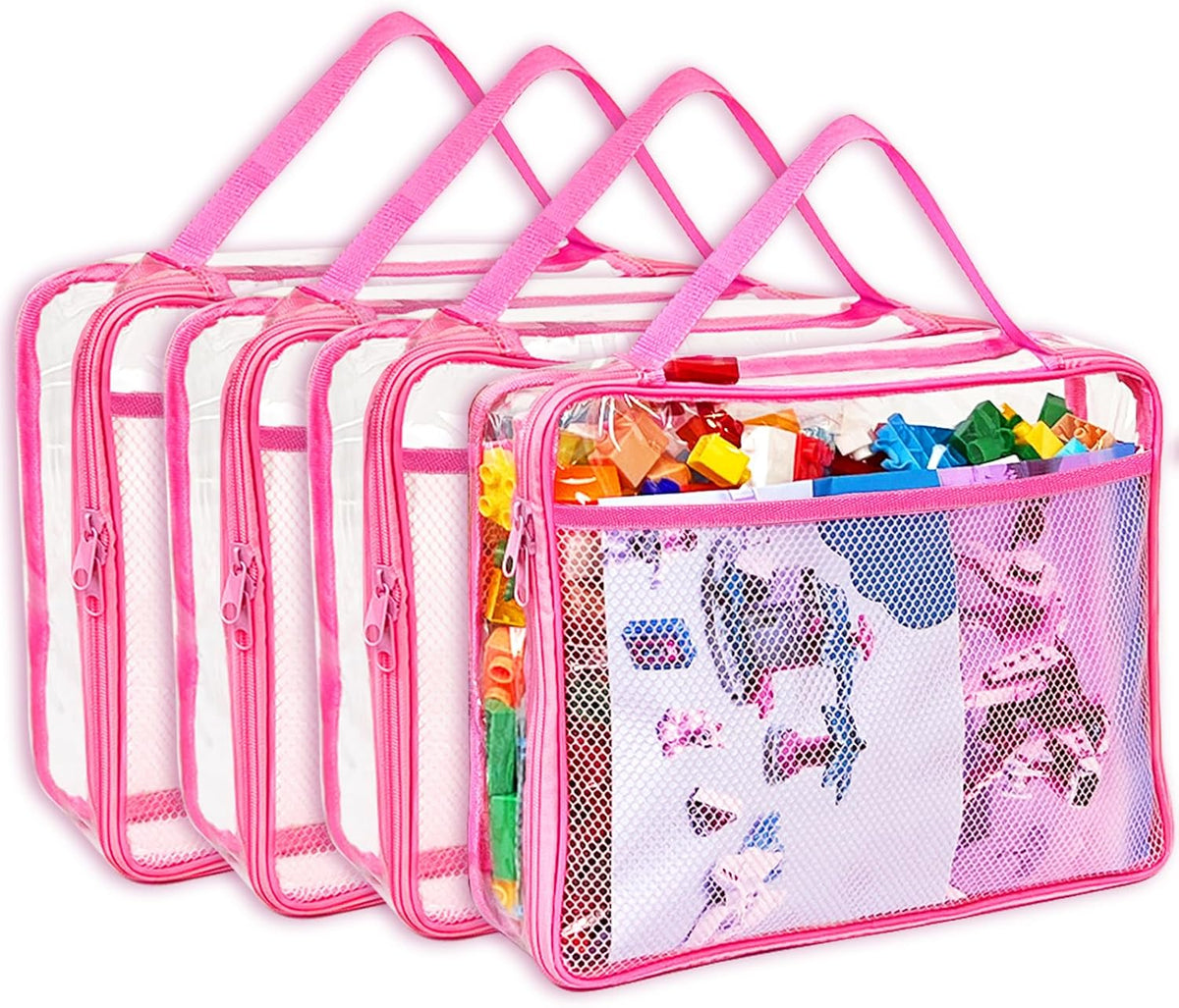 Toy Zippered Blocks Set Storage Bags for boy girls - 4PC Large PVC Storage Organizer Bags with Mesh Side Pockets for Puzzle, Clay, Book, Small Models and Mini Plush Toys. XL: 10.4" x3 "x13.3