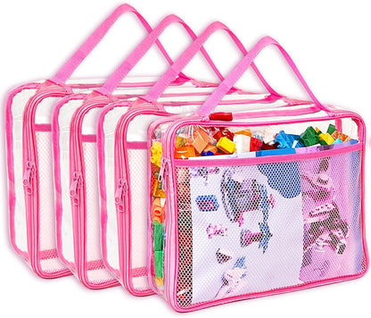 Toy Zippered Blocks Set Storage Bags for boy girls - 4PC Large PVC Storage Organizer Bags with Mesh Side Pockets for Puzzle, Clay, Book, Small Models and Mini Plush Toys. XL: 10.4" x3 "x13.3