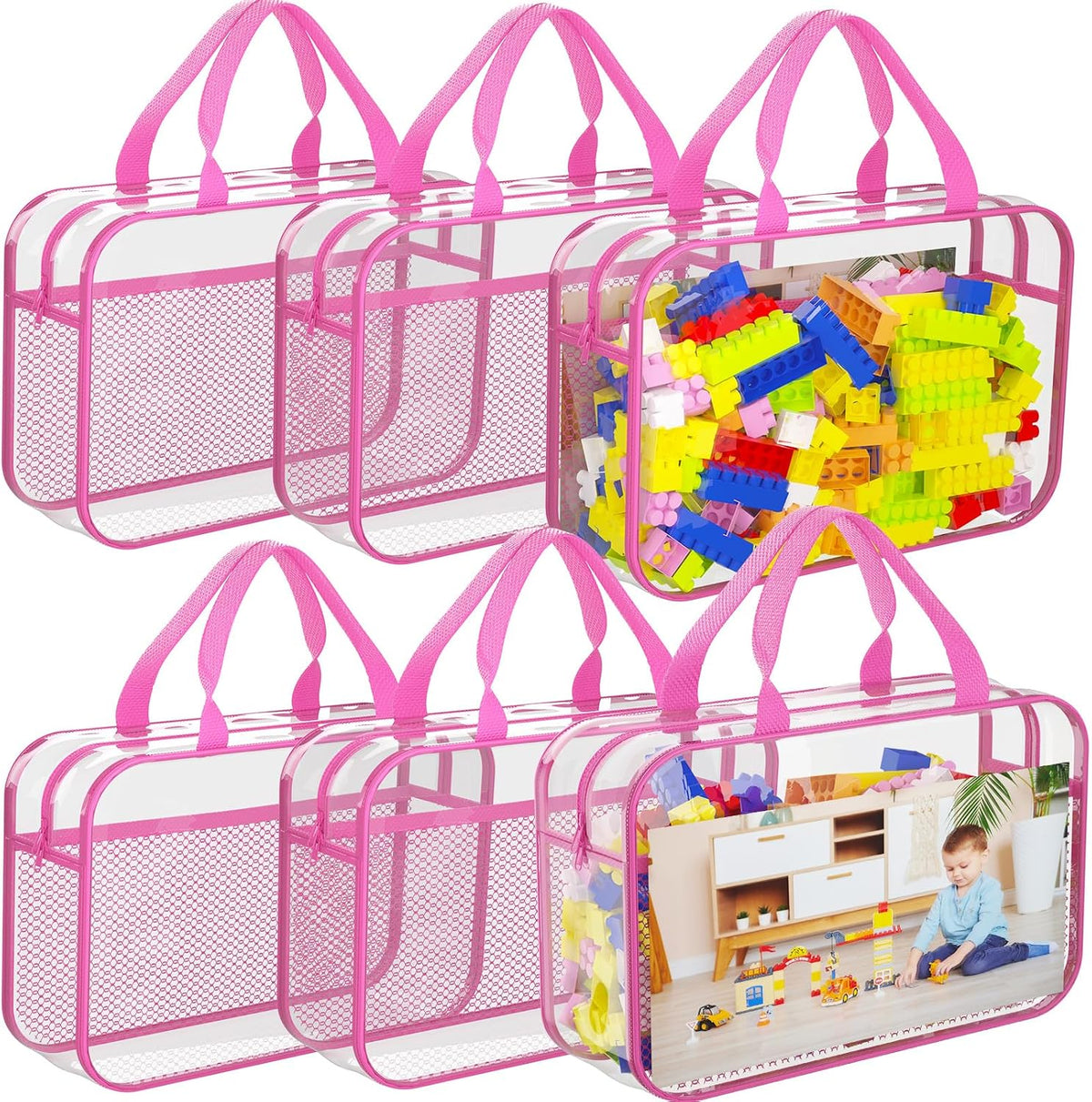 Toy Zippered Blocks Set Storage Bags for boy girls - 4PC Large PVC Storage Organizer Bags with Mesh Side Pockets for Puzzle, Clay, Book, Small Models and Mini Plush Toys. XL: 10.4" x3 "x13.3