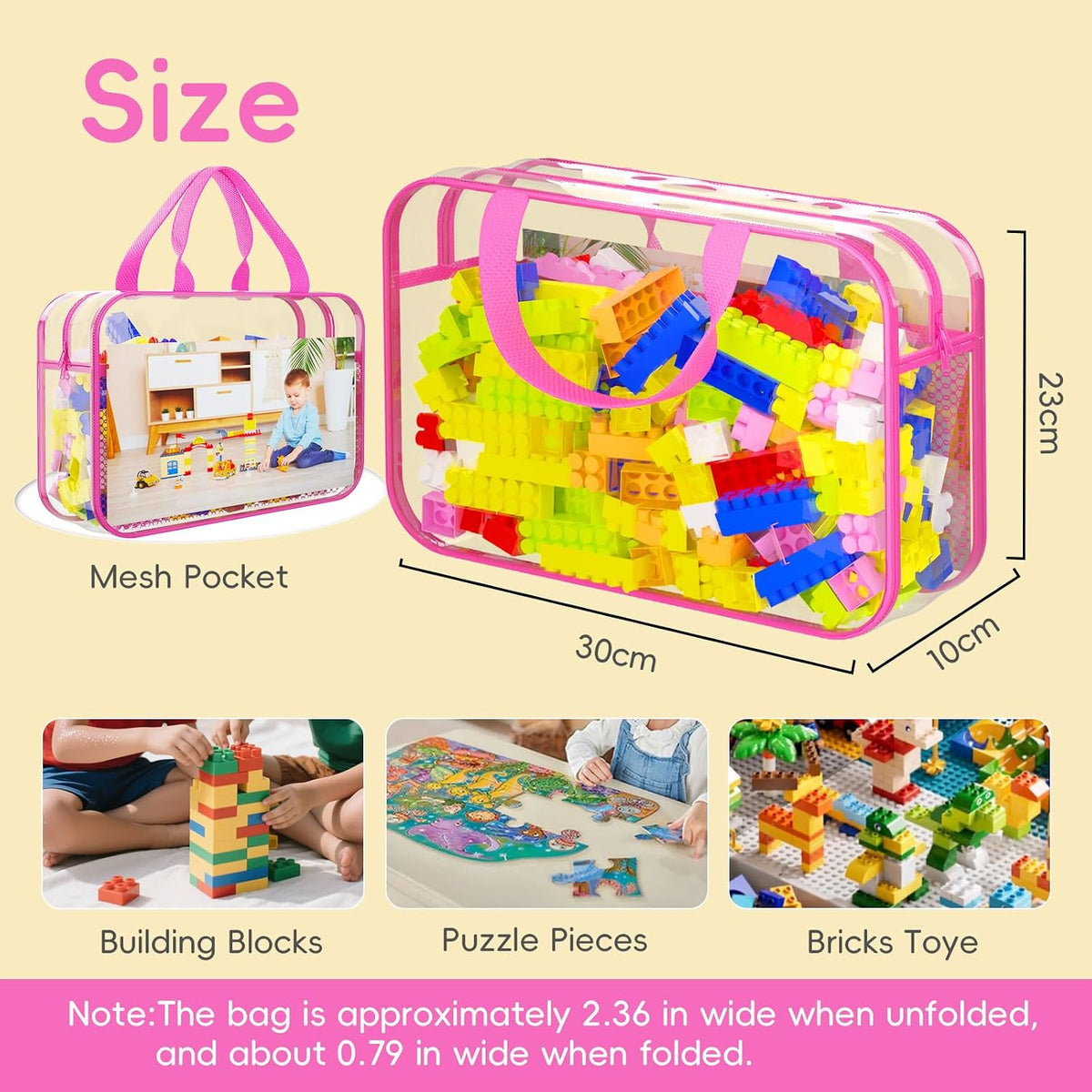 Toy Zippered Blocks Set Storage Bags for boy girls - 4PC Large PVC Storage Organizer Bags with Mesh Side Pockets for Puzzle, Clay, Book, Small Models and Mini Plush Toys. XL: 10.4" x3 "x13.3