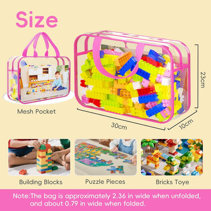 Toy Zippered Blocks Set Storage Bags for boy girls - 4PC Large PVC Storage Organizer Bags with Mesh Side Pockets for Puzzle, Clay, Book, Small Models and Mini Plush Toys. XL: 10.4" x3 "x13.3
