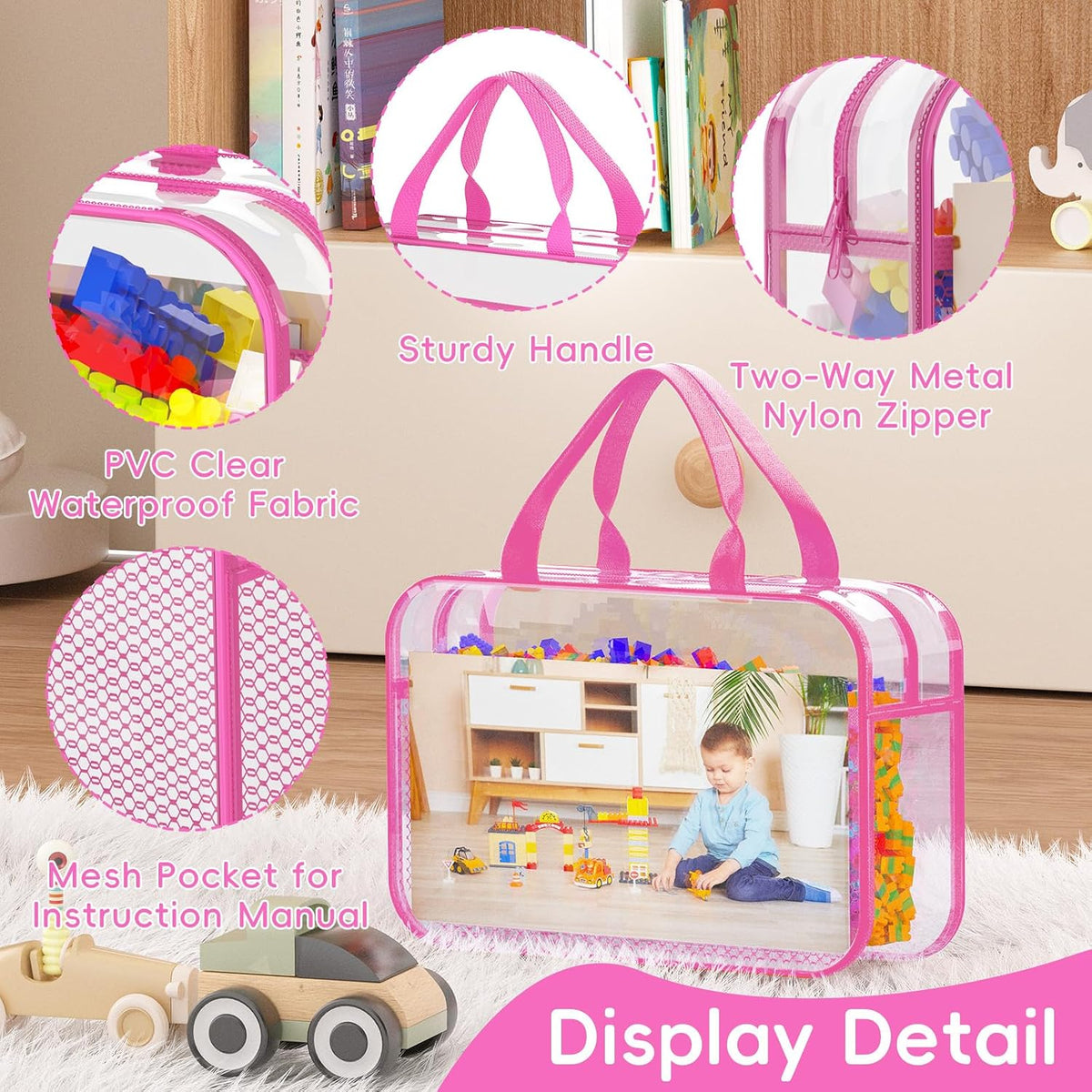 Toy Zippered Blocks Set Storage Bags for boy girls - 4PC Large PVC Storage Organizer Bags with Mesh Side Pockets for Puzzle, Clay, Book, Small Models and Mini Plush Toys. XL: 10.4" x3 "x13.3