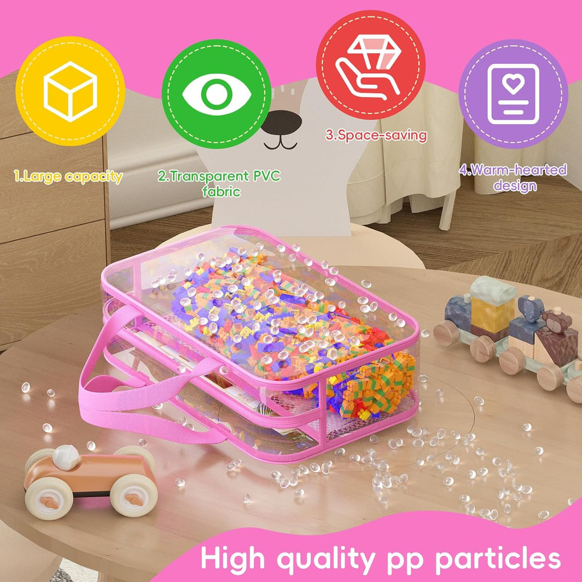 Toy Zippered Blocks Set Storage Bags for boy girls - 4PC Large PVC Storage Organizer Bags with Mesh Side Pockets for Puzzle, Clay, Book, Small Models and Mini Plush Toys. XL: 10.4" x3 "x13.3