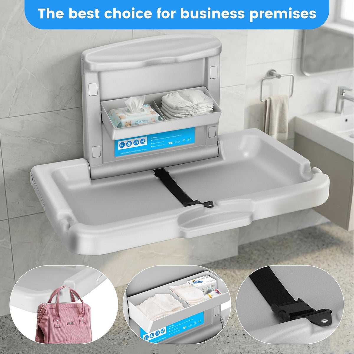 Commercial Baby Changing Station, Wall Mount with Safety Strap
