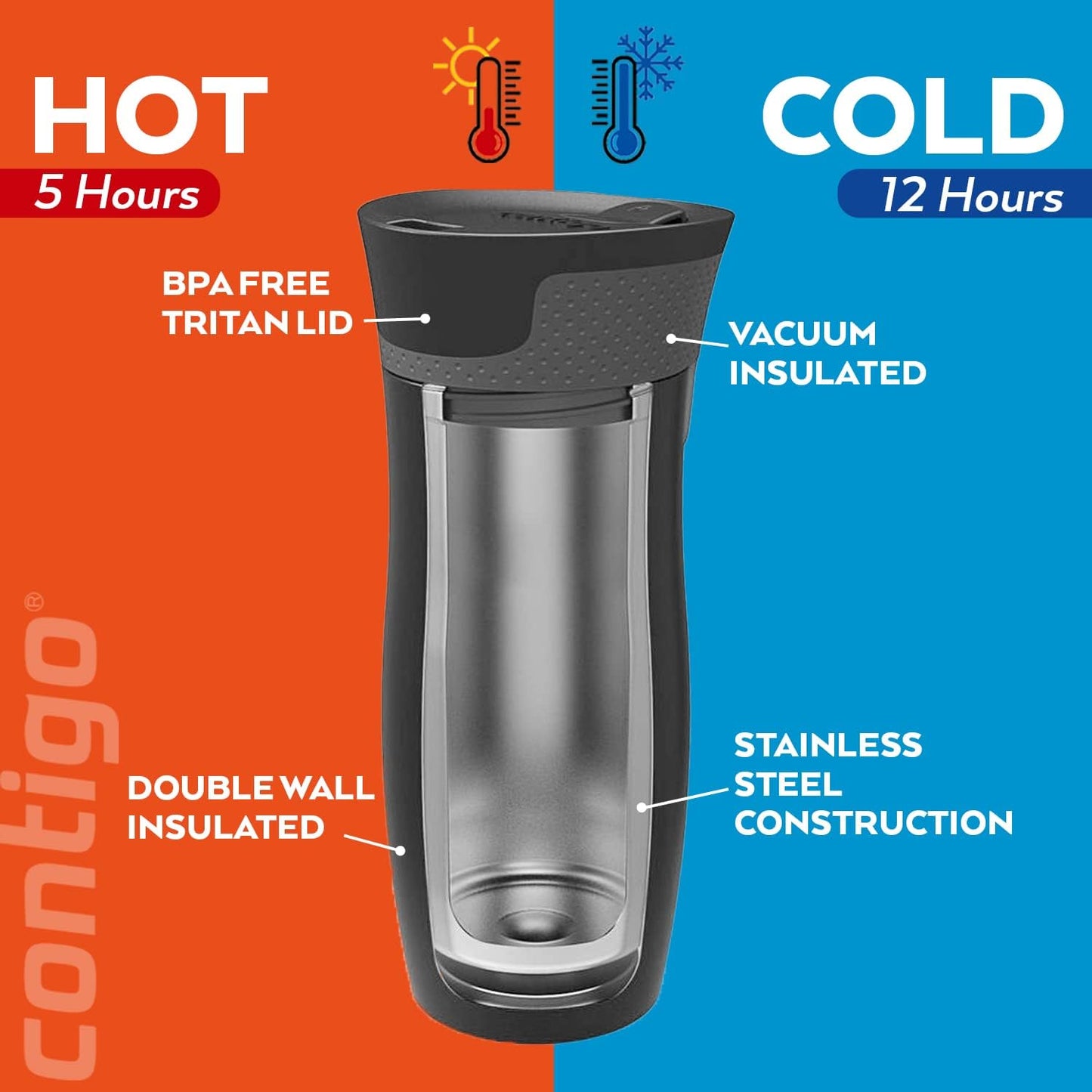 West Loop Autoseal Travel Mug, Stainless Steel Thermal Mug, Vacuum Flask, Leakproof Tumbler, Coffee Mug with BPA-Free Easy-Clean Lid
