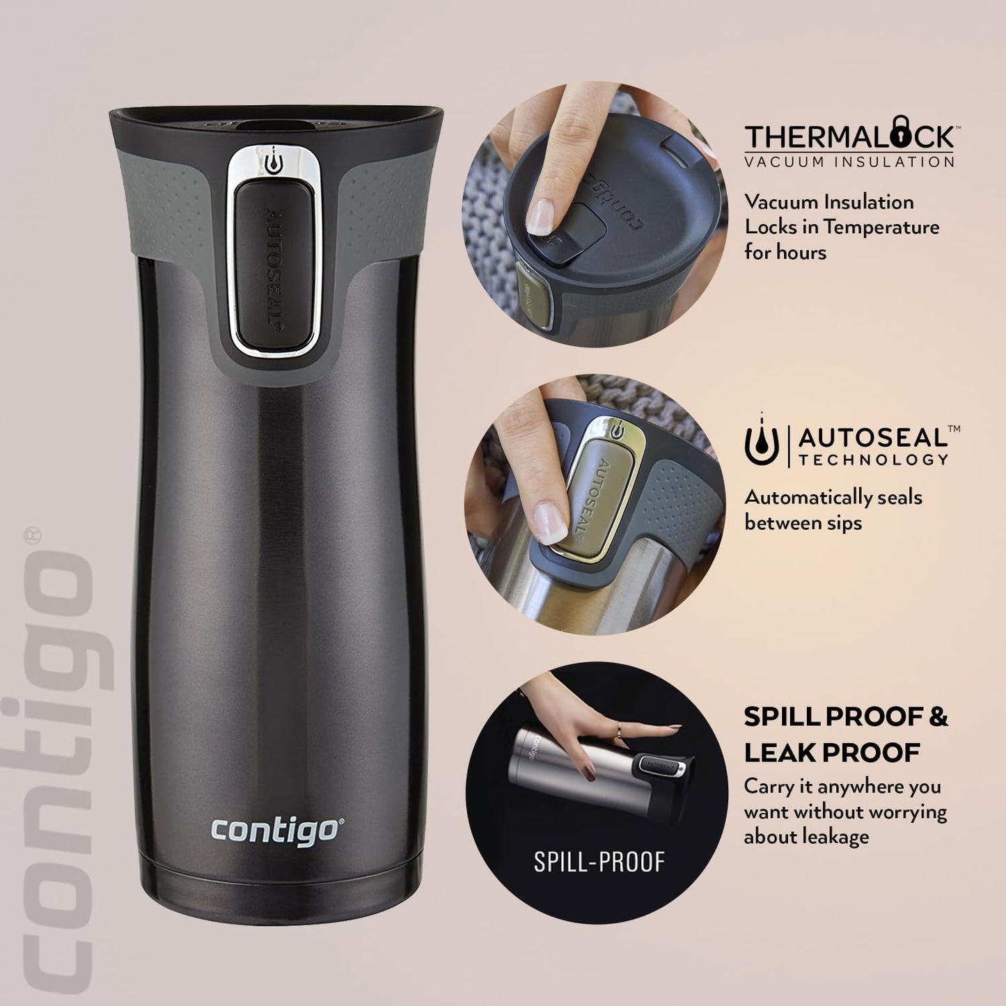 West Loop Autoseal Travel Mug, Stainless Steel Thermal Mug, Vacuum Flask, Leakproof Tumbler, Coffee Mug with BPA-Free Easy-Clean Lid