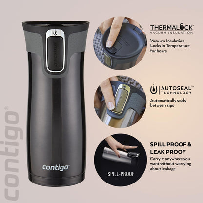 West Loop Autoseal Travel Mug, Stainless Steel Thermal Mug, Vacuum Flask, Leakproof Tumbler, Coffee Mug with BPA-Free Easy-Clean Lid