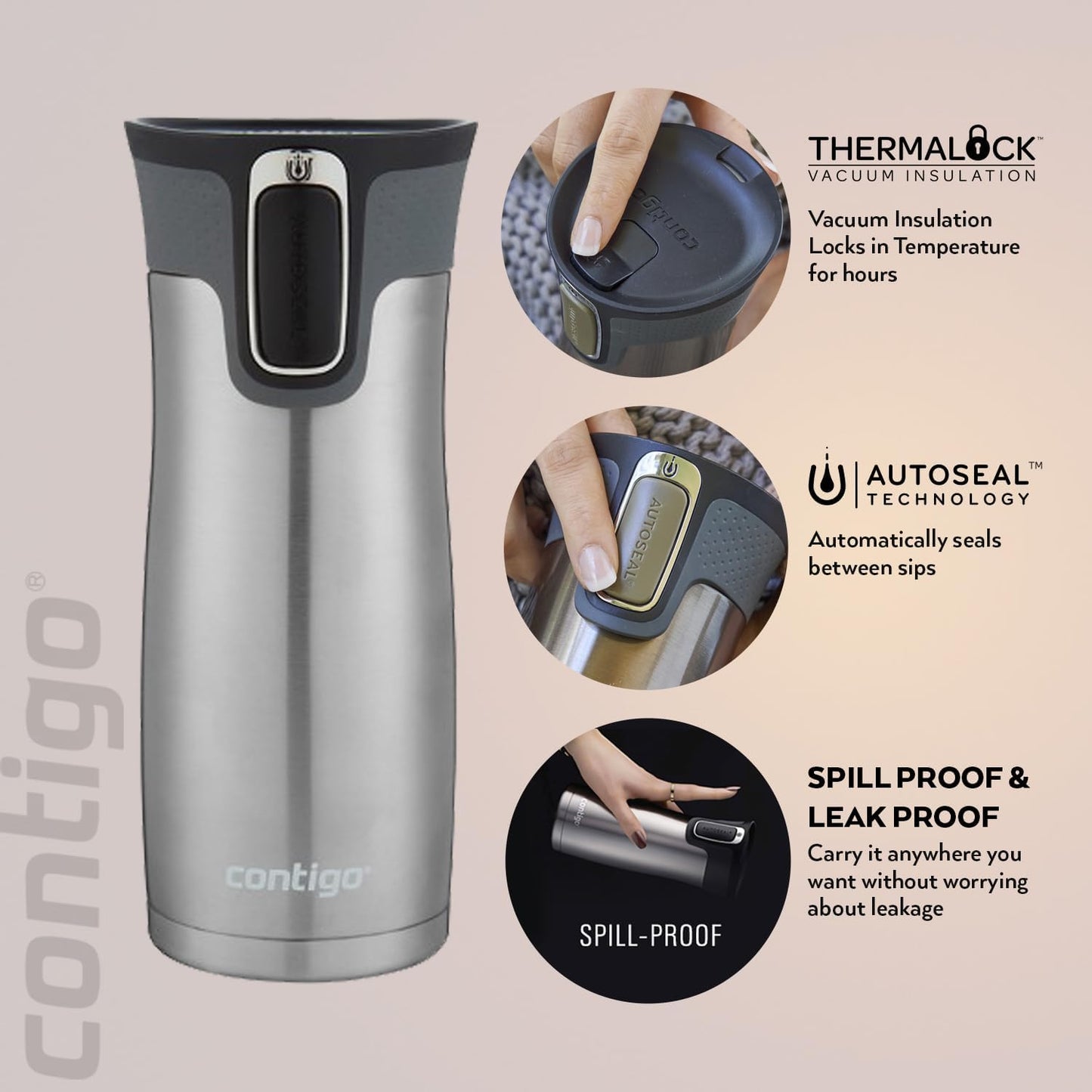West Loop Autoseal Travel Mug, Stainless Steel Thermal Mug, Vacuum Flask, Leakproof Tumbler, Coffee Mug with BPA-Free Easy-Clean Lid