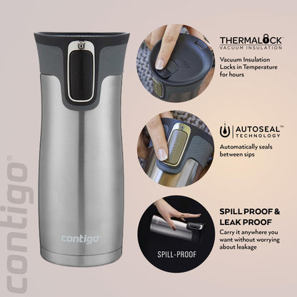 West Loop Autoseal Travel Mug, Stainless Steel Thermal Mug, Vacuum Flask, Leakproof Tumbler, Coffee Mug with BPA-Free Easy-Clean Lid