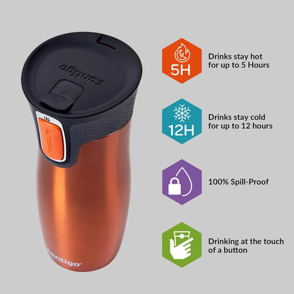 West Loop Autoseal Travel Mug, Stainless Steel Thermal Mug, Vacuum Flask, Leakproof Tumbler, Coffee Mug with BPA-Free Easy-Clean Lid