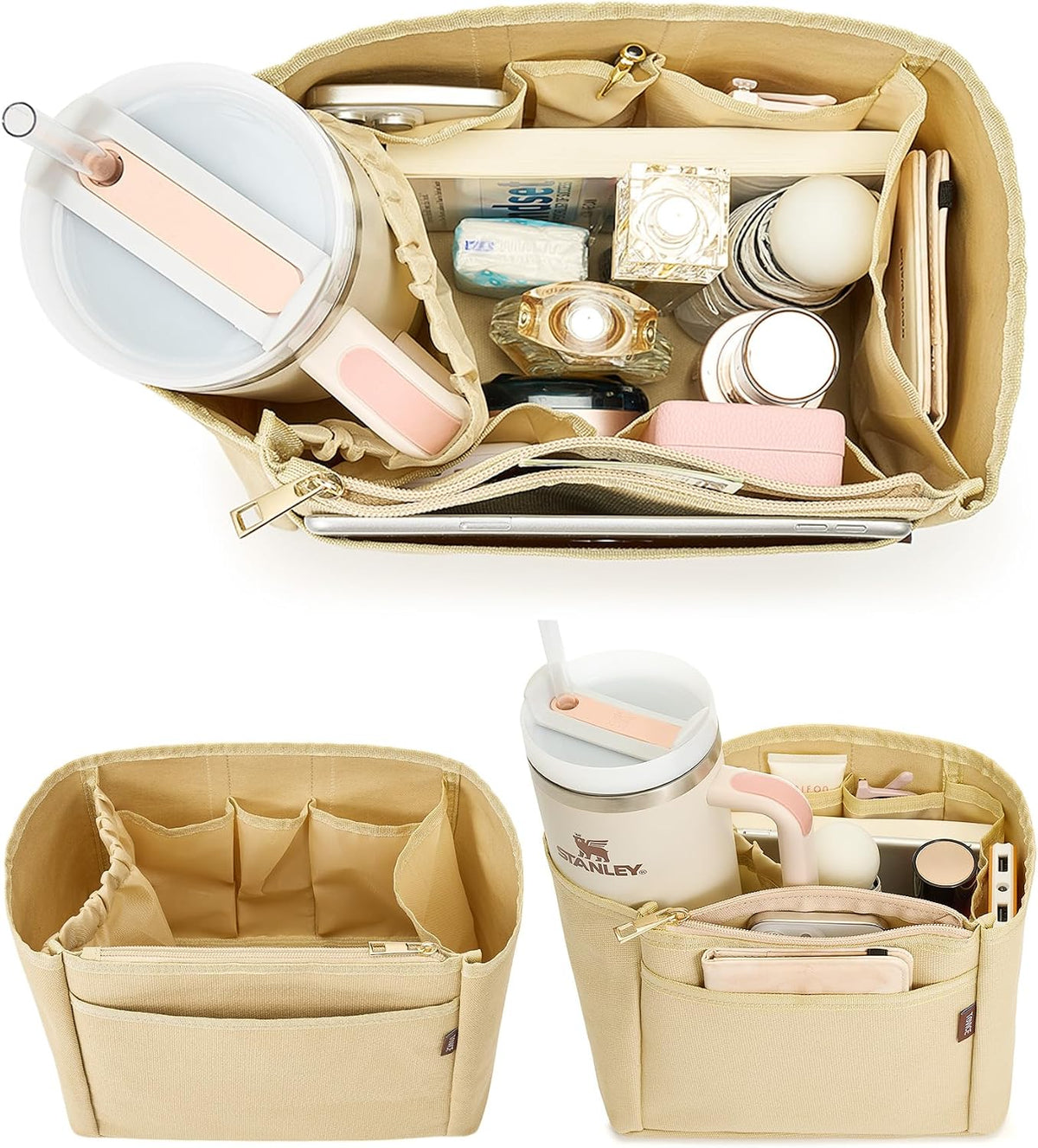 Tote Bag Organizer Insert with Stanley Cup Holder and Zipper Bag, Compatible with Neverfull, Saint Louis and More, 9 Pockets (Beige, Medium)
