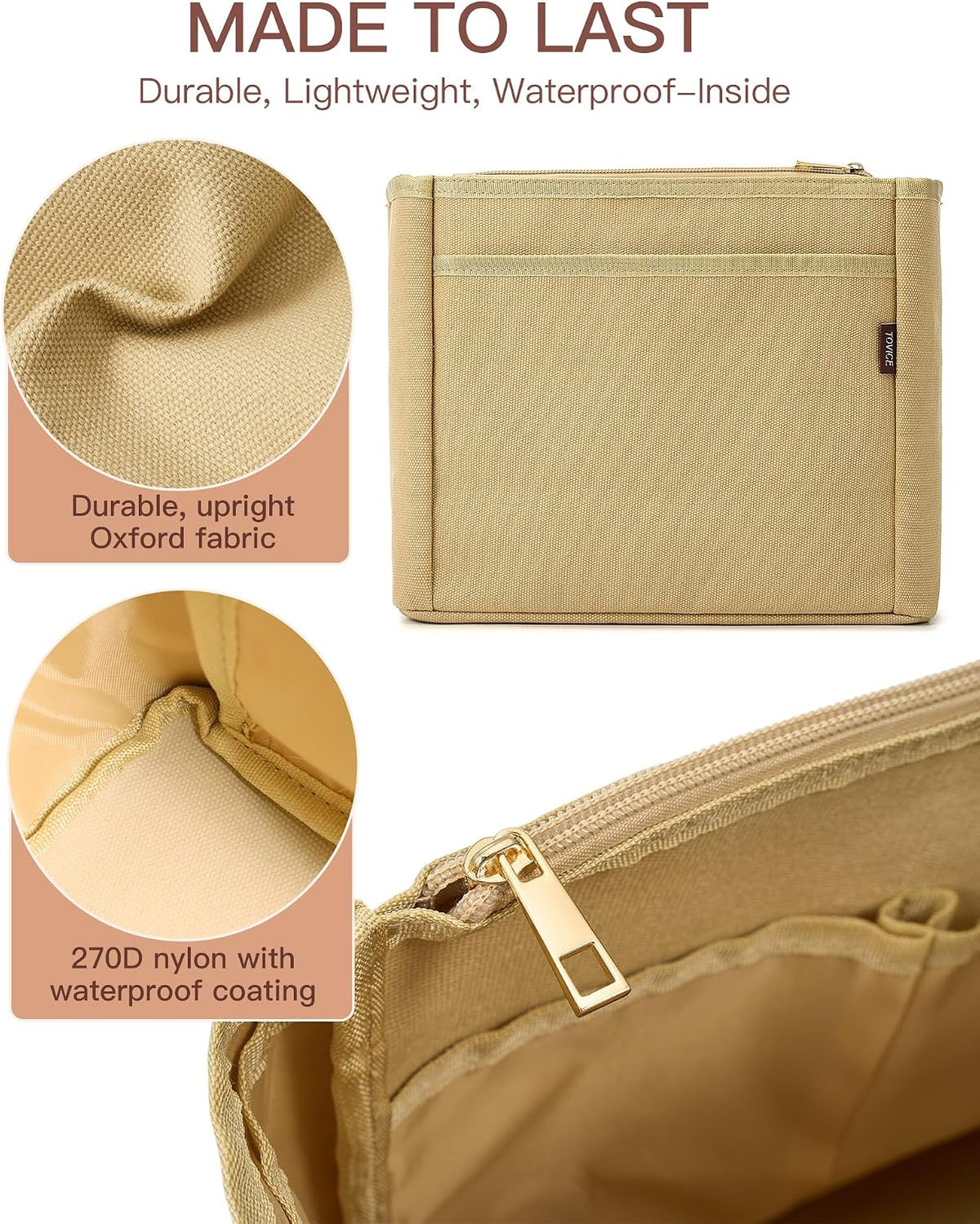 Tote Bag Organizer Insert with Stanley Cup Holder and Zipper Bag, Compatible with Neverfull, Saint Louis and More, 9 Pockets (Beige, Medium)