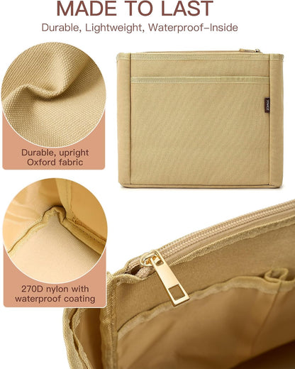 Tote Bag Organizer Insert with Stanley Cup Holder and Zipper Bag, Compatible with Neverfull, Saint Louis and More, 9 Pockets (Beige, Medium)