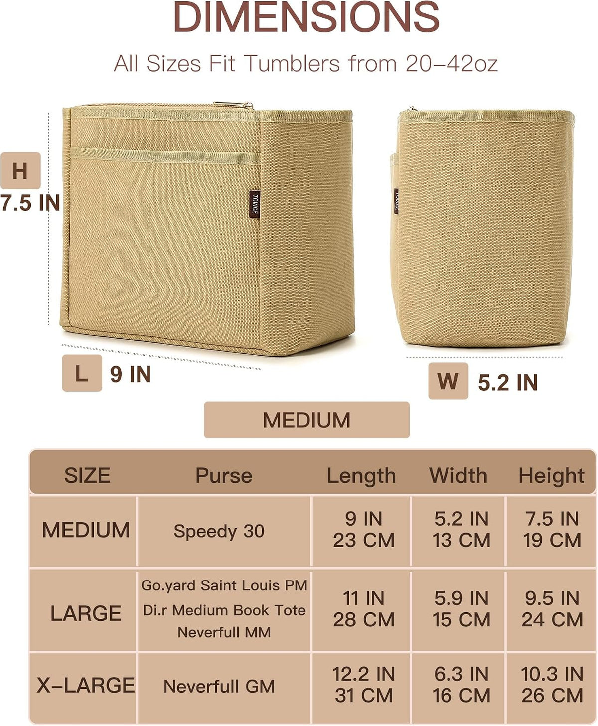 Tote Bag Organizer Insert with Stanley Cup Holder and Zipper Bag, Compatible with Neverfull, Saint Louis and More, 9 Pockets (Beige, Medium)