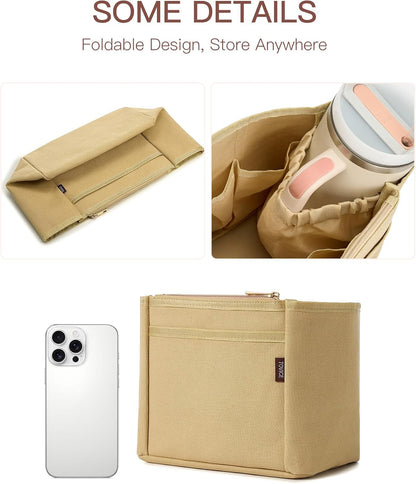 Tote Bag Organizer Insert with Stanley Cup Holder and Zipper Bag, Compatible with Neverfull, Saint Louis and More, 9 Pockets (Beige, Medium)