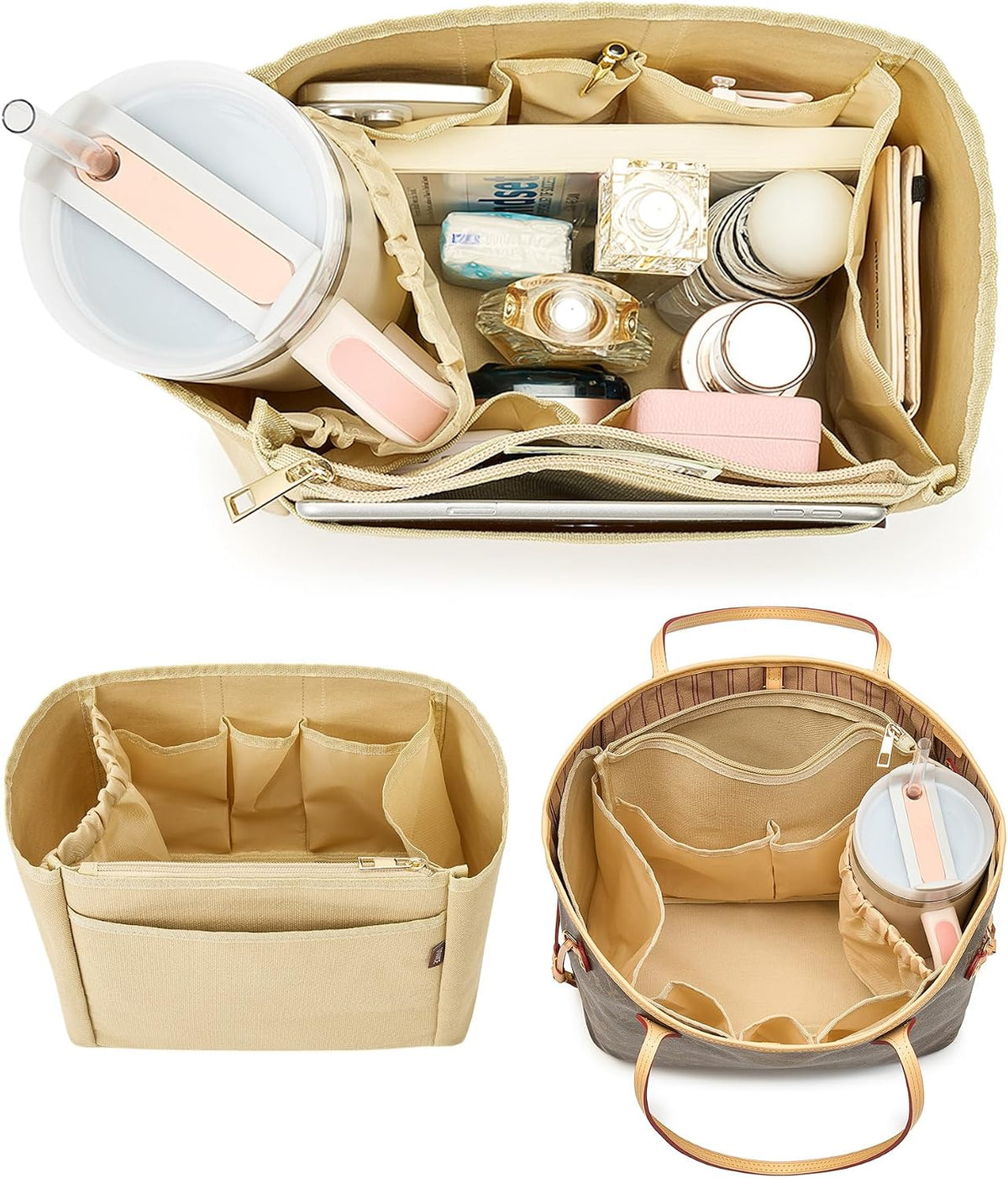 Tote Bag Organizer Insert with Stanley Cup Holder and Zipper Bag, Compatible with Neverfull, Saint Louis and More, 9 Pockets (Beige, Medium)