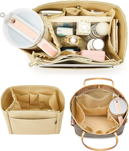 Tote Bag Organizer Insert with Stanley Cup Holder and Zipper Bag, Compatible with Neverfull, Saint Louis and More, 9 Pockets (Beige, Medium)