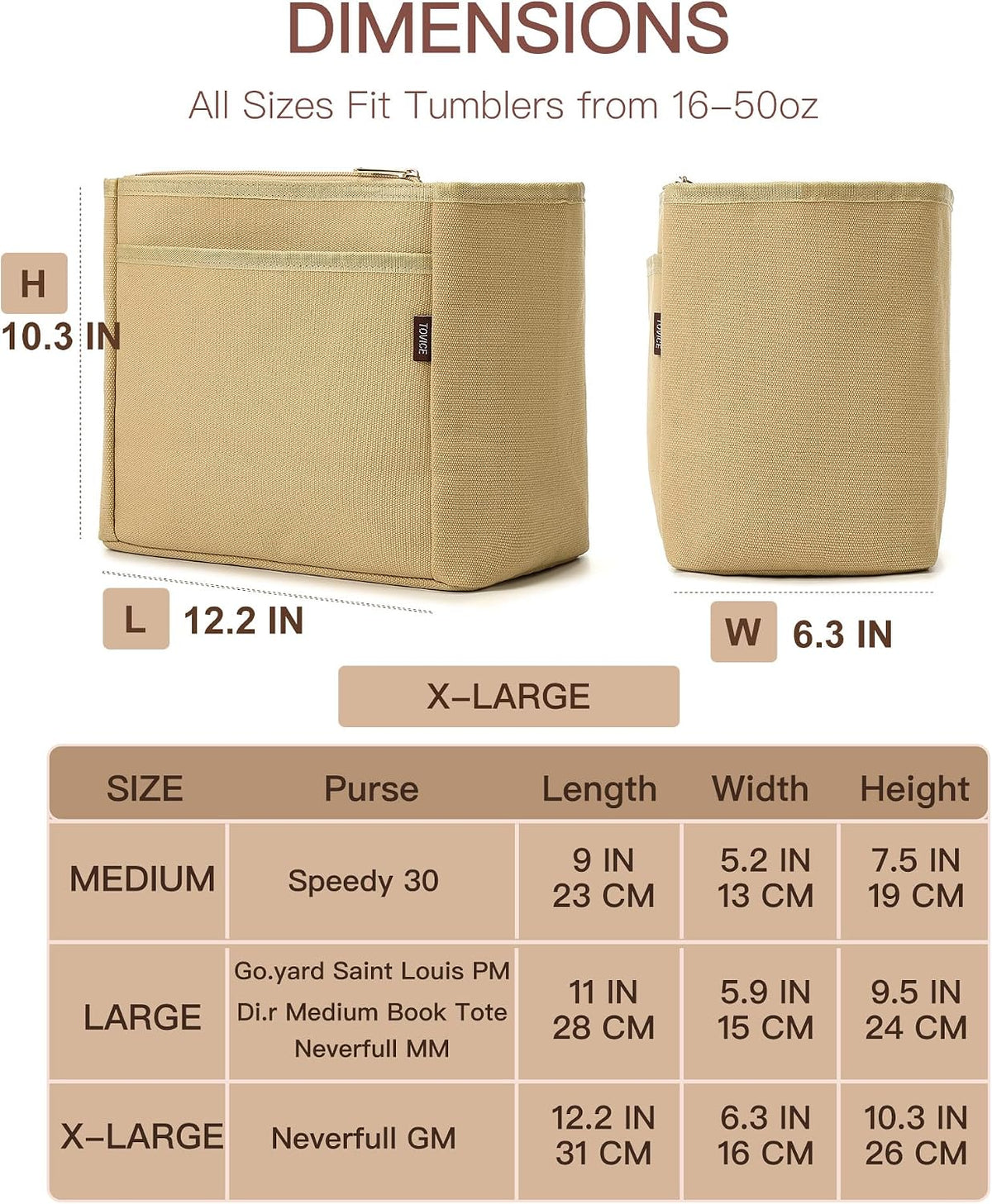 Tote Bag Organizer Insert with Stanley Cup Holder and Zipper Bag, Compatible with Neverfull, Saint Louis and More, 9 Pockets (Beige, Medium)