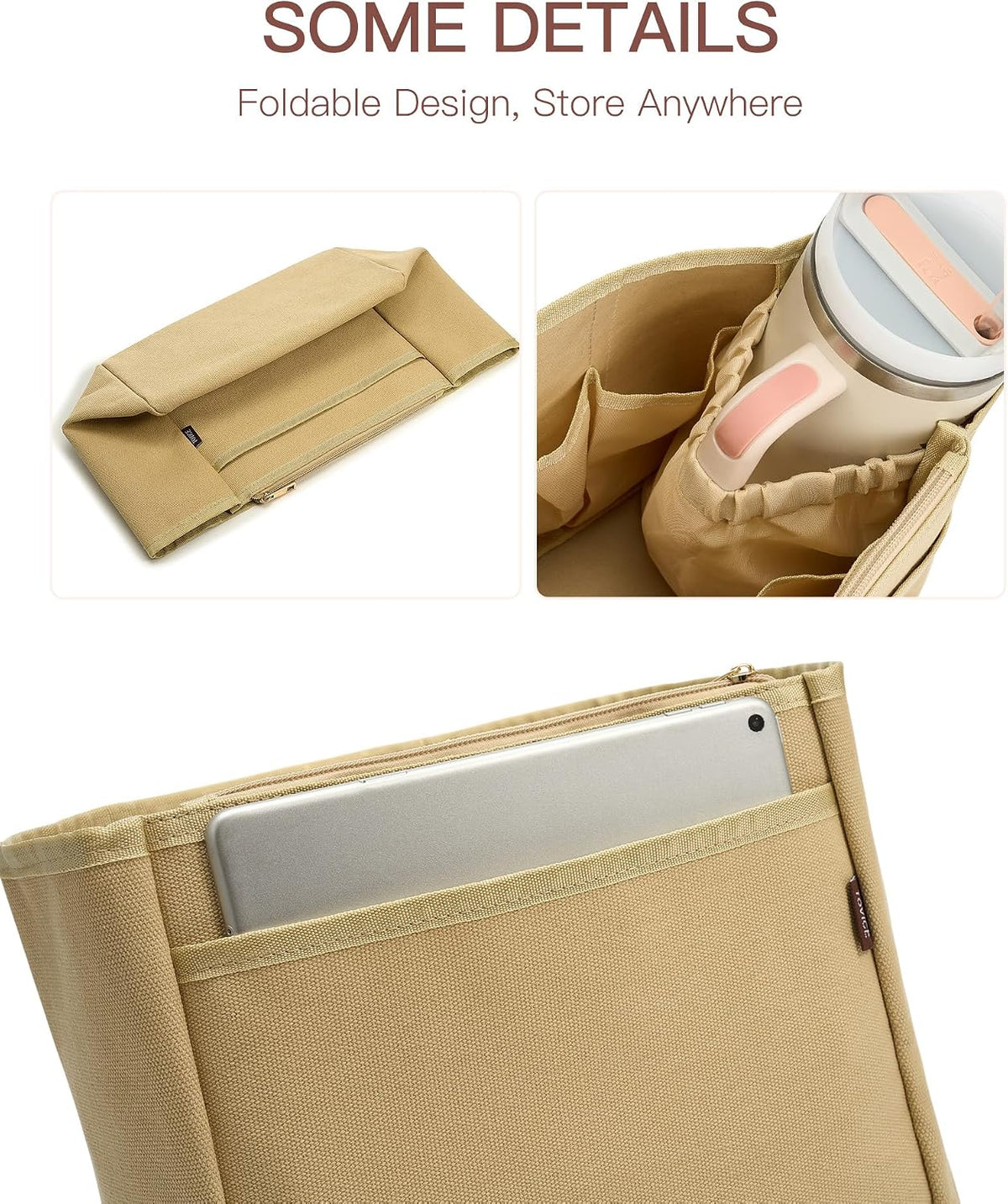 Tote Bag Organizer Insert with Stanley Cup Holder and Zipper Bag, Compatible with Neverfull, Saint Louis and More, 9 Pockets (Beige, Medium)