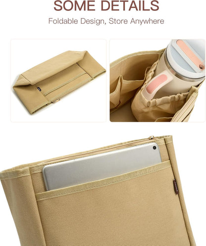 Tote Bag Organizer Insert with Stanley Cup Holder and Zipper Bag, Compatible with Neverfull, Saint Louis and More, 9 Pockets (Beige, Medium)