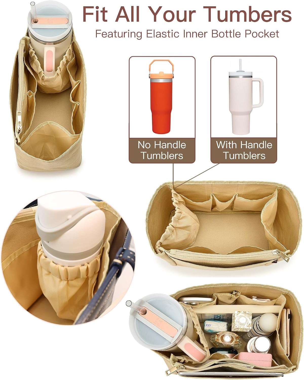 Tote Bag Organizer Insert with Stanley Cup Holder and Zipper Bag, Compatible with Neverfull, Saint Louis and More, 9 Pockets (Beige, Medium)