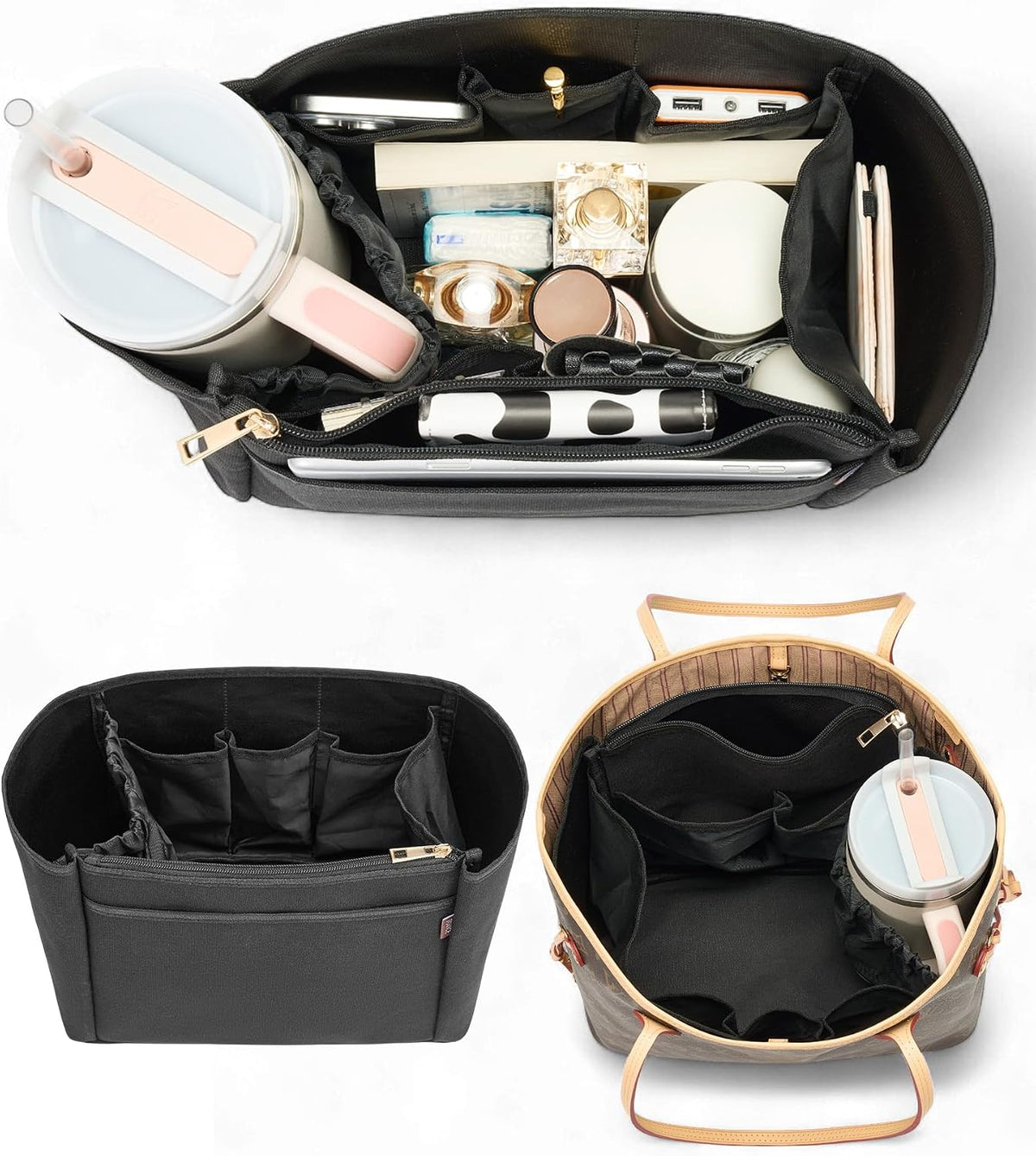 Tote Bag Organizer Insert with Stanley Cup Holder and Zipper Bag, Compatible with Neverfull, Saint Louis and More, 9 Pockets (Beige, Medium)