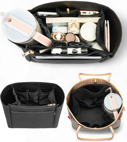 Tote Bag Organizer Insert with Stanley Cup Holder and Zipper Bag, Compatible with Neverfull, Saint Louis and More, 9 Pockets (Beige, Medium)