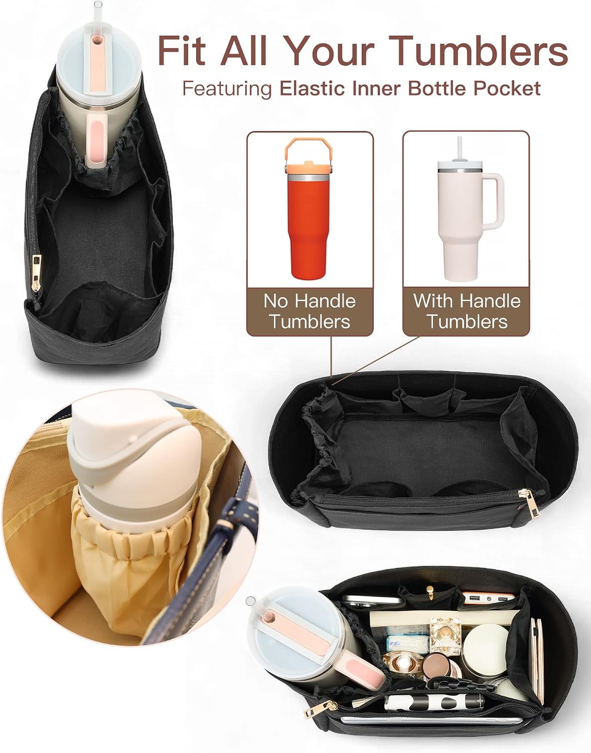 Tote Bag Organizer Insert with Stanley Cup Holder and Zipper Bag, Compatible with Neverfull, Saint Louis and More, 9 Pockets (Beige, Medium)