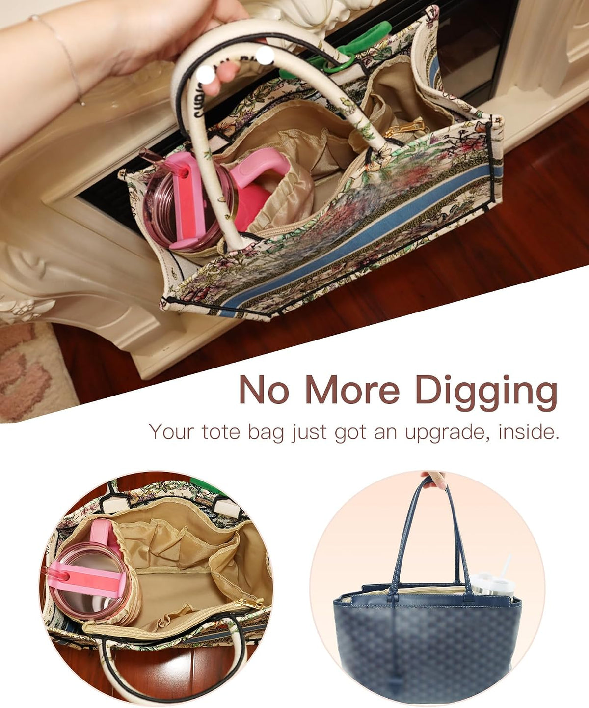 Tote Bag Organizer Insert with Stanley Cup Holder and Zipper Bag, Compatible with Neverfull, Saint Louis and More, 9 Pockets (Beige, Medium)
