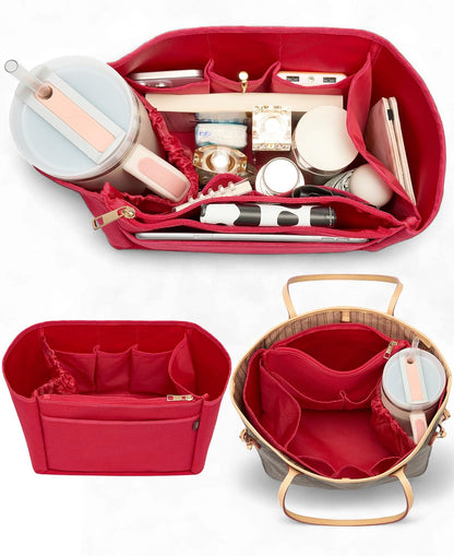 Tote Bag Organizer Insert with Stanley Cup Holder and Zipper Bag, Compatible with Neverfull, Saint Louis and More, 9 Pockets (Beige, Medium)