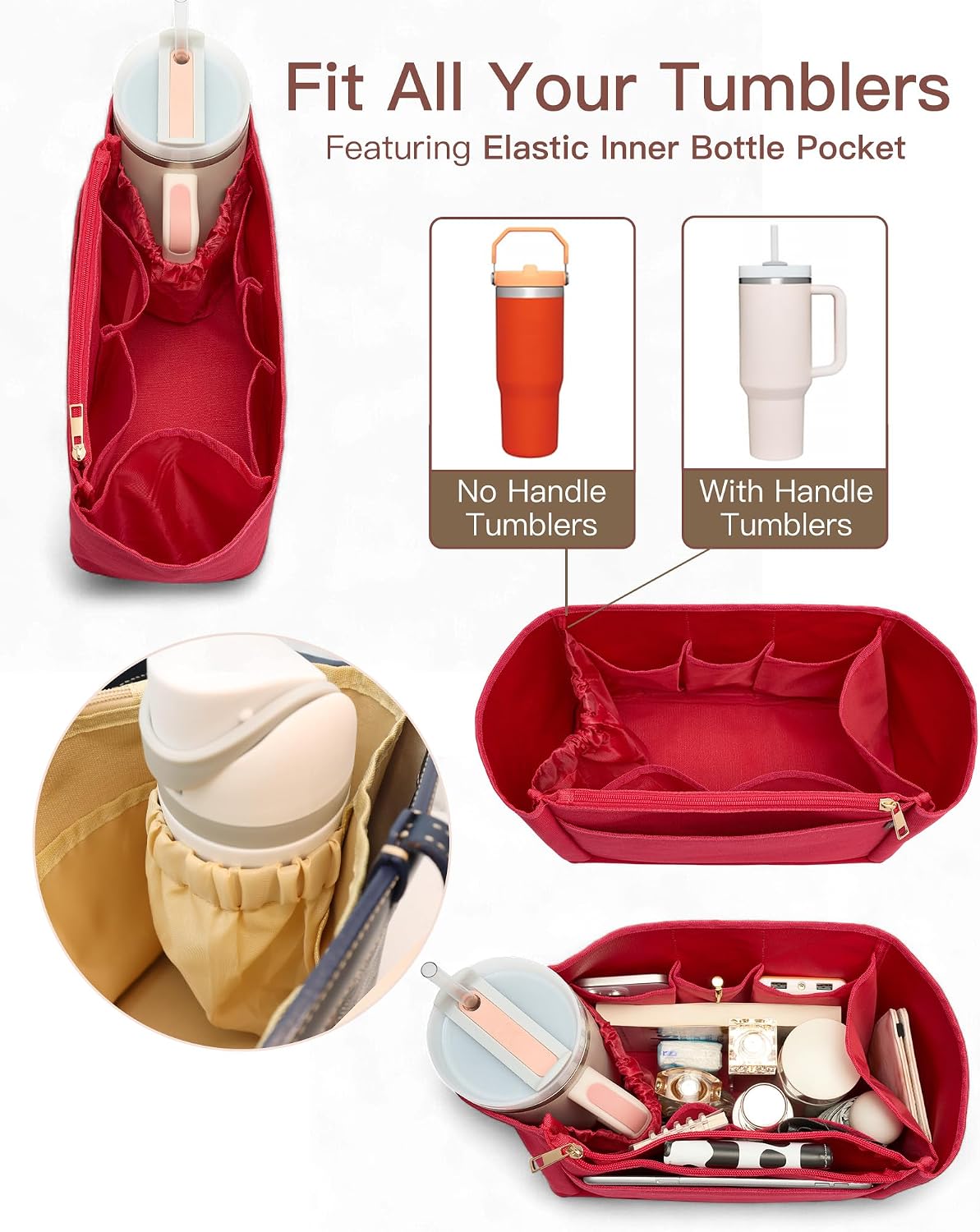 Tote Bag Organizer Insert with Stanley Cup Holder and Zipper Bag, Compatible with Neverfull, Saint Louis and More, 9 Pockets (Beige, Medium)