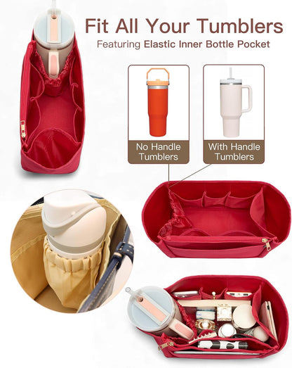 Tote Bag Organizer Insert with Stanley Cup Holder and Zipper Bag, Compatible with Neverfull, Saint Louis and More, 9 Pockets (Beige, Medium)