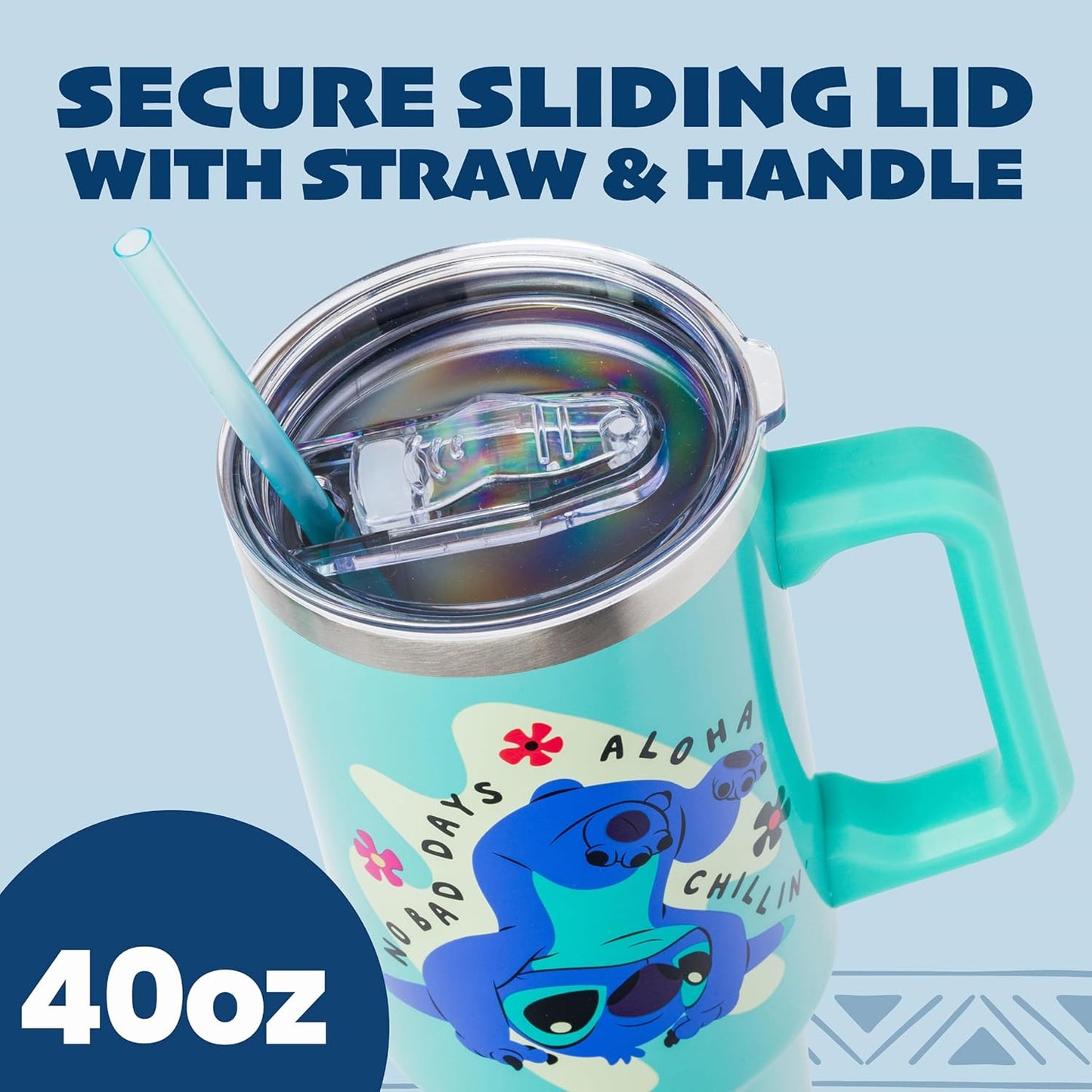 Lilo and Stitch Wink Face, Stainless Steel Tumbler, 40oz | Make Some Waves, Rhinestone, Disney, Double Walled, Includes Handle and Straw, Fits in Cup Holder, 1.18 Liters - Colors B