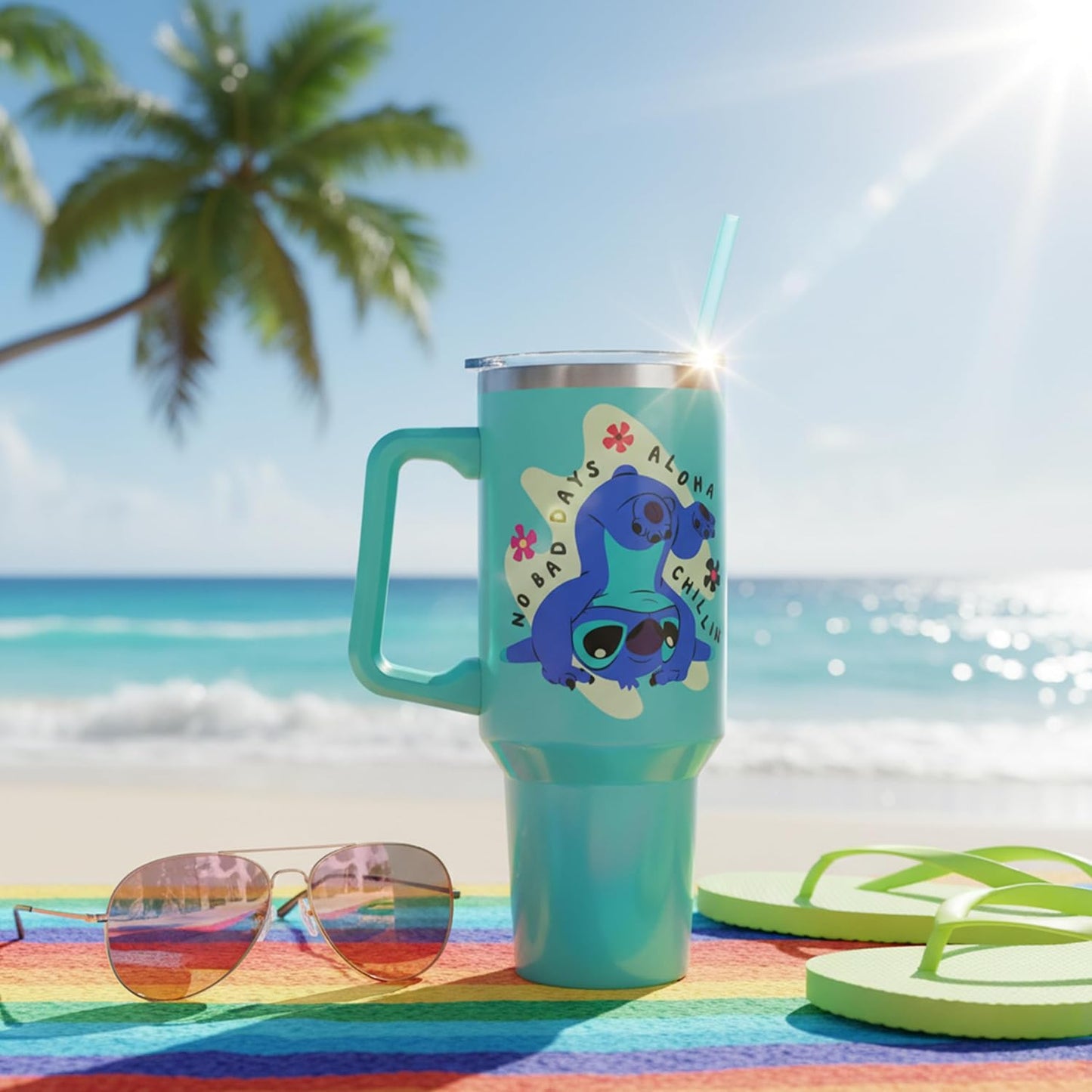 Lilo and Stitch Wink Face, Stainless Steel Tumbler, 40oz | Make Some Waves, Rhinestone, Disney, Double Walled, Includes Handle and Straw, Fits in Cup Holder, 1.18 Liters - Colors B