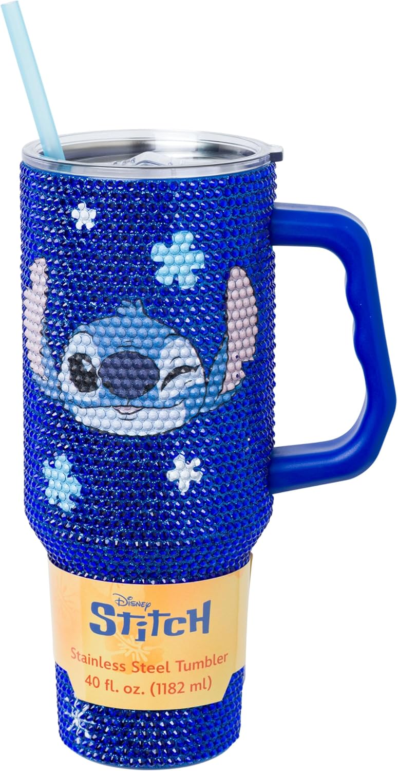 Lilo and Stitch Wink Face, Stainless Steel Tumbler, 40oz | Make Some Waves, Rhinestone, Disney, Double Walled, Includes Handle and Straw, Fits in Cup Holder, 1.18 Liters - Colors B
